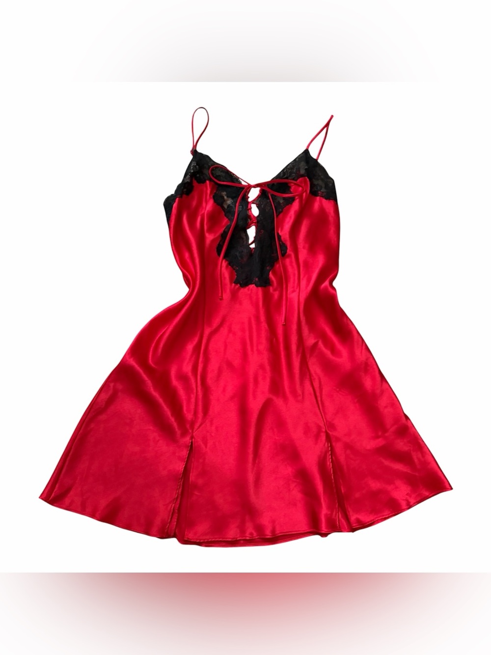 Frederick's of Hollywood Red and Black Lace Tie Slit Slip Dress Size Medium